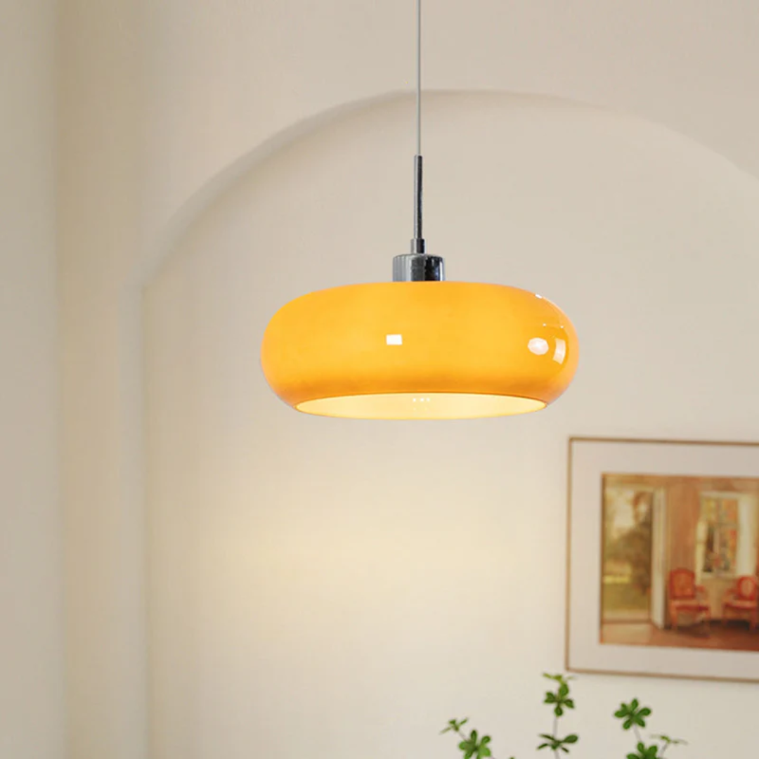 Modern round LED pendant light for contemporary homes, perfect ceiling fixture for living rooms.