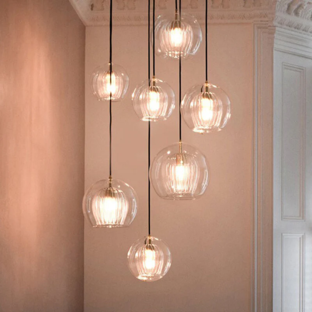 Spherical LED pendant light, Aurora Sphere. Modern design for elegant living room lighting.