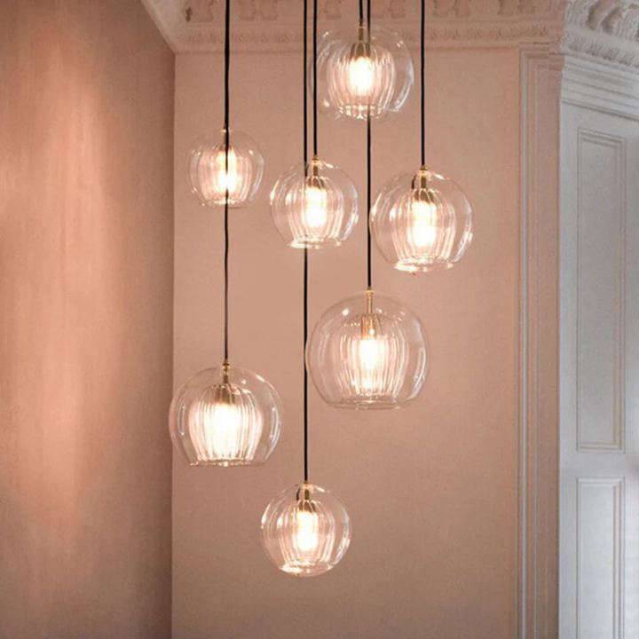 Spherical LED pendant light, Aurora Sphere. Modern design for elegant living room lighting.