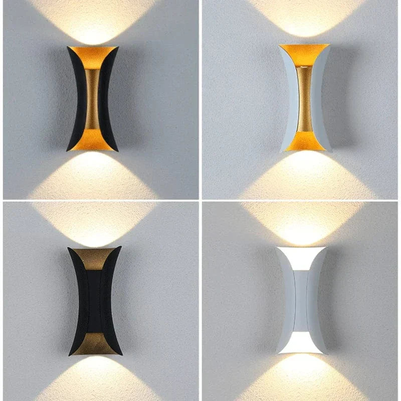 Modern waterproof LED wall light, sleek aluminium, IP65 rating, indoor/outdoor use, warm white glow, available in black.