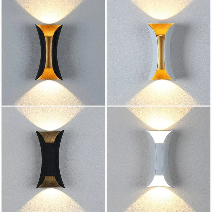 Modern waterproof LED wall light, sleek aluminium, IP65 rating, indoor/outdoor use, warm white glow, available in black.