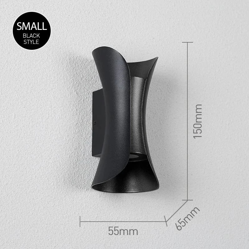 Modern waterproof LED wall light, sleek aluminium, IP65 rating, indoor/outdoor use, warm white glow, available in black.