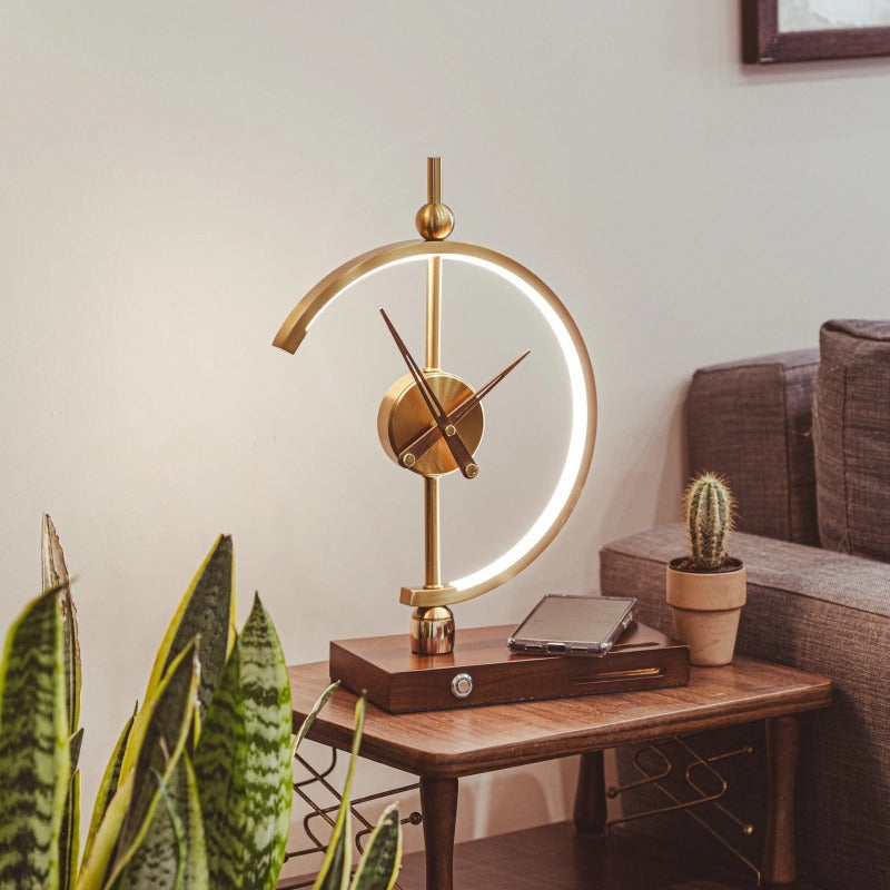 "Modern wireless lamp with LED, clock, maple wood frame, and metal accents for home/office. Energy-efficient lighting, sleek 