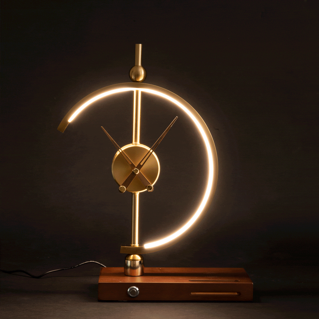 "Modern wireless lamp with LED, clock, maple wood frame, and metal accents for home/office. Energy-efficient lighting, sleek 