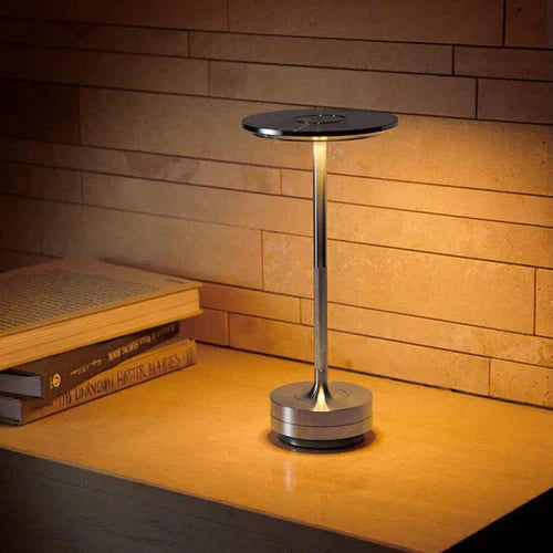 Wireless GlowBeam table lamp, featuring dimmable light and USB charging for contemporary living spaces.