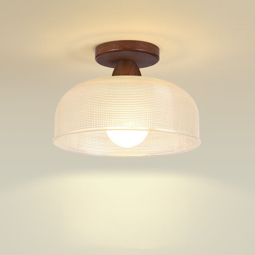 "Modern wooden and glass ceiling lamp, sleek design, natural wood tones, ideal for contemporary home decor lighting."