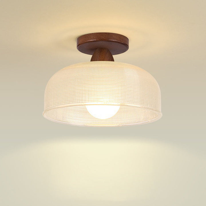 "Modern wooden and glass ceiling lamp, sleek design, natural wood tones, ideal for contemporary home decor lighting."