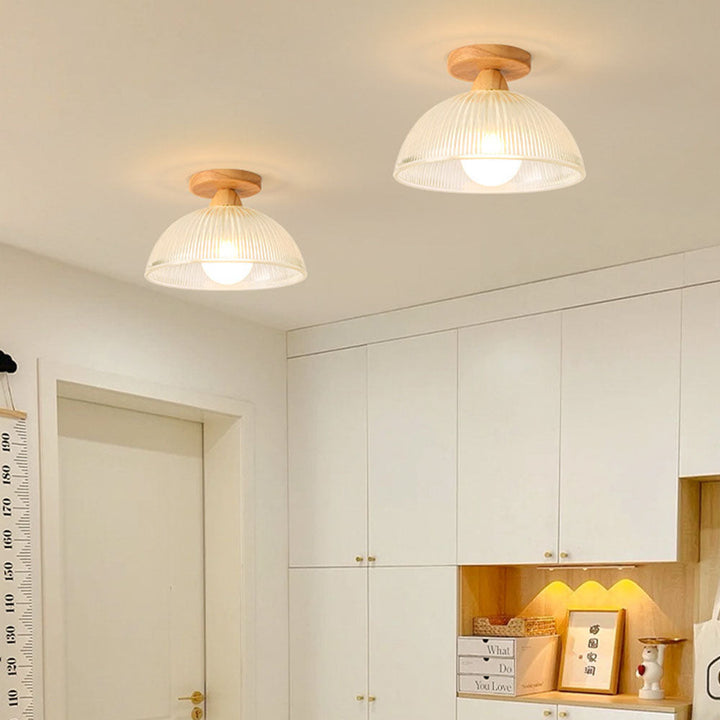 "Modern wooden and glass ceiling lamp, sleek design, natural wood tones, ideal for contemporary home decor lighting."