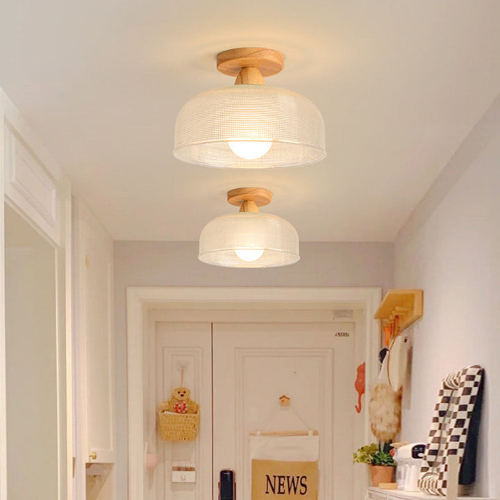 "Modern wooden and glass ceiling lamp, sleek design, natural wood tones, ideal for contemporary home decor lighting."
