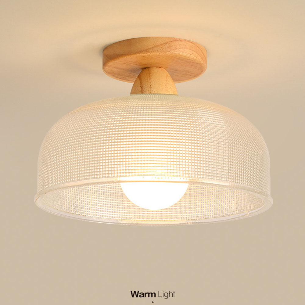 "Modern wooden and glass ceiling lamp, sleek design, natural wood tones, ideal for contemporary home decor lighting."