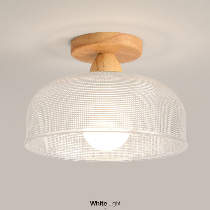 "Modern wooden and glass ceiling lamp, sleek design, natural wood tones, ideal for contemporary home decor lighting."