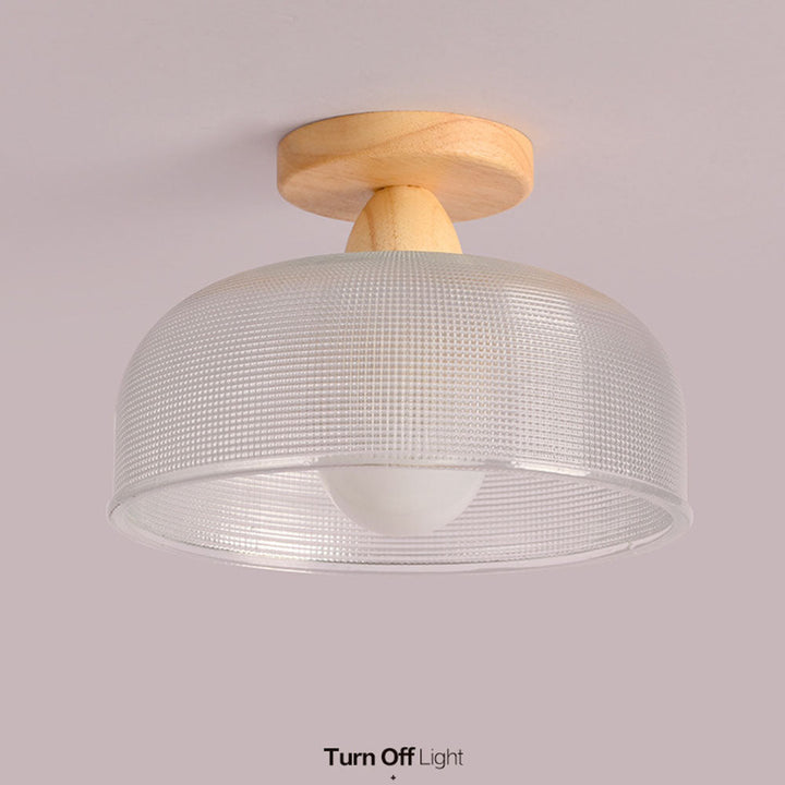 "Modern wooden and glass ceiling lamp, sleek design, natural wood tones, ideal for contemporary home decor lighting."