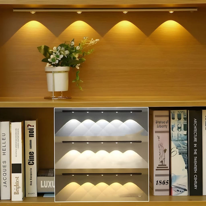 "Motion Sensor LED Light Fixture, wireless, adjustable, sleek design in black, perfect for lighting hallways and living rooms