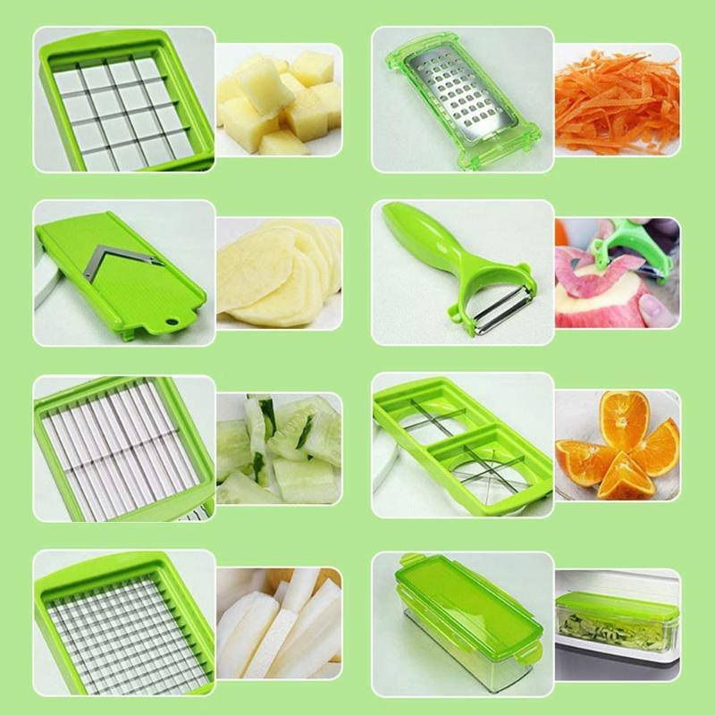 Complete multi-function food prep tool set with various blades, container & safety holder for veggies.