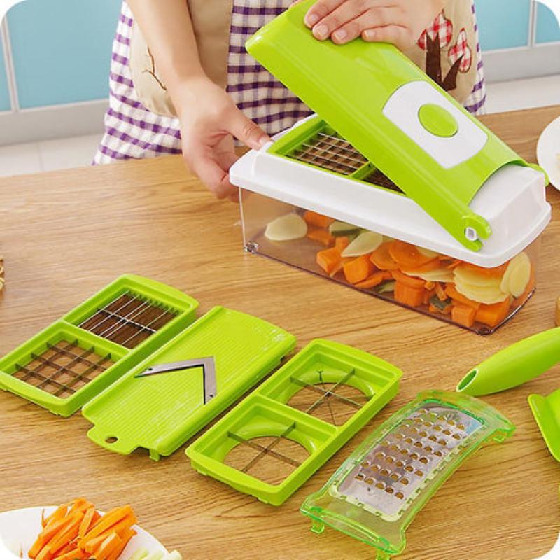 Close-up of the multi-blade vegetable dicer, ready for chopping various kitchen ingredients.
