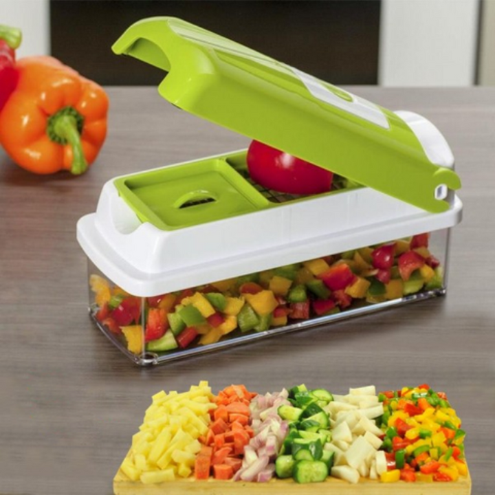 Compact multi-function vegetable slicer & chopper kit, neatly arranged for kitchen organization.