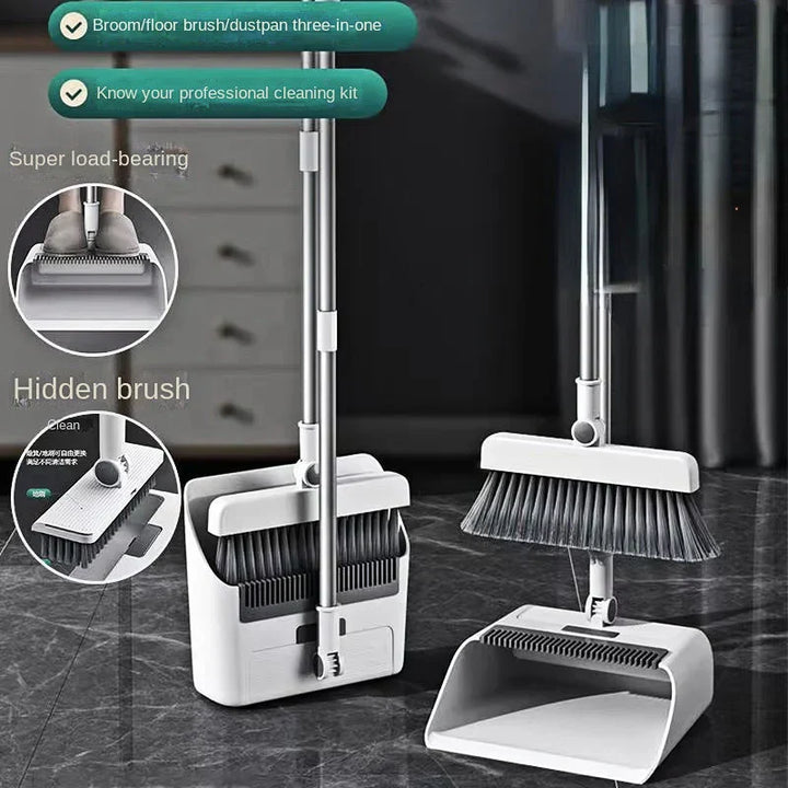 Multifunctional broom and dustpan set with 3-in-1 design, ergonomic handle, and self-cleaner, ideal for efficient home cleani