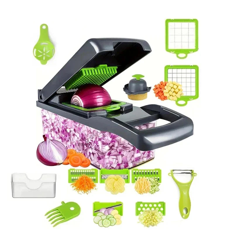 "Multifunctional kitchen vegetable chopper and grater, sleek design, ideal for slicing and grating veggies, 16-in-1 tool."