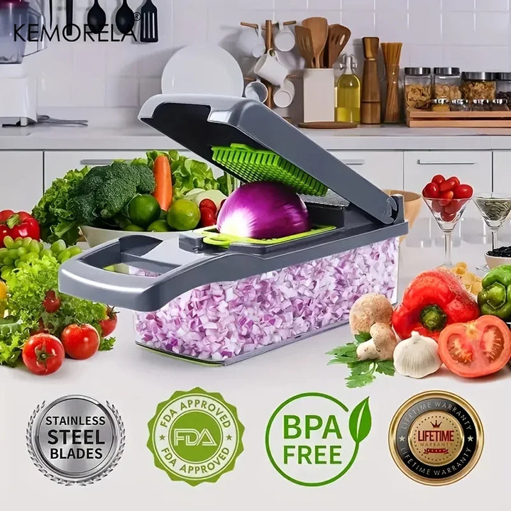 "Multifunctional kitchen vegetable chopper and grater, sleek design, ideal for slicing and grating veggies, 16-in-1 tool."