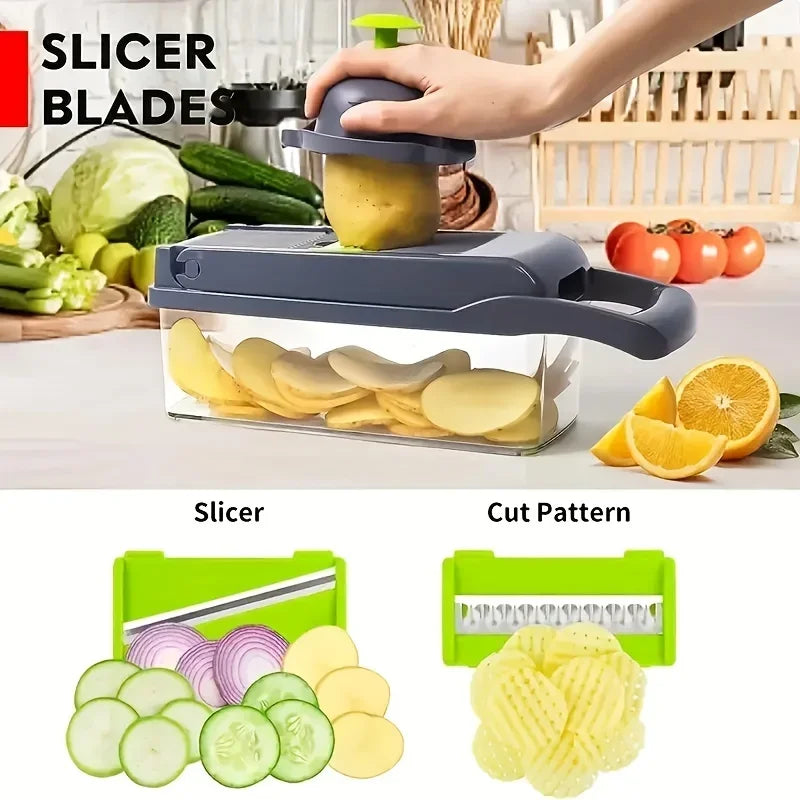 "Multifunctional kitchen vegetable chopper and grater, sleek design, ideal for slicing and grating veggies, 16-in-1 tool."
