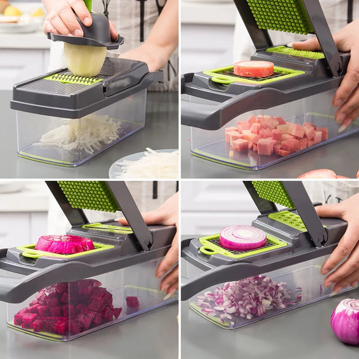 "Multifunctional kitchen vegetable chopper and grater, sleek design, ideal for slicing and grating veggies, 16-in-1 tool."