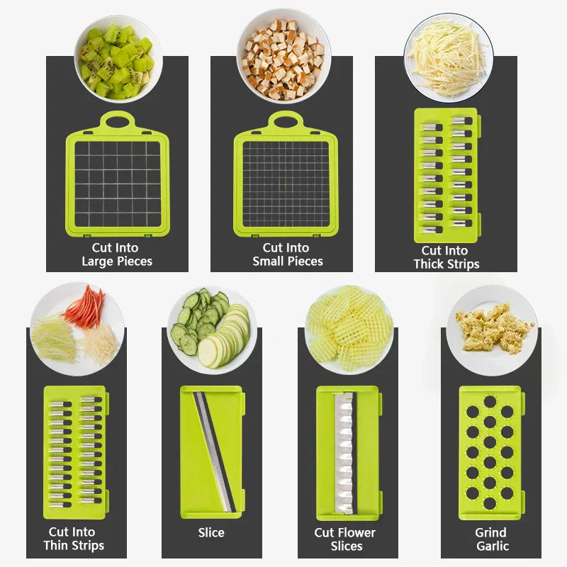 "Multifunctional kitchen vegetable chopper and grater, sleek design, ideal for slicing and grating veggies, 16-in-1 tool."