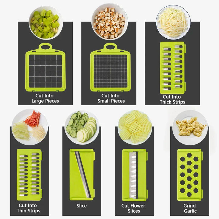 "Multifunctional kitchen vegetable chopper and grater, sleek design, ideal for slicing and grating veggies, 16-in-1 tool."