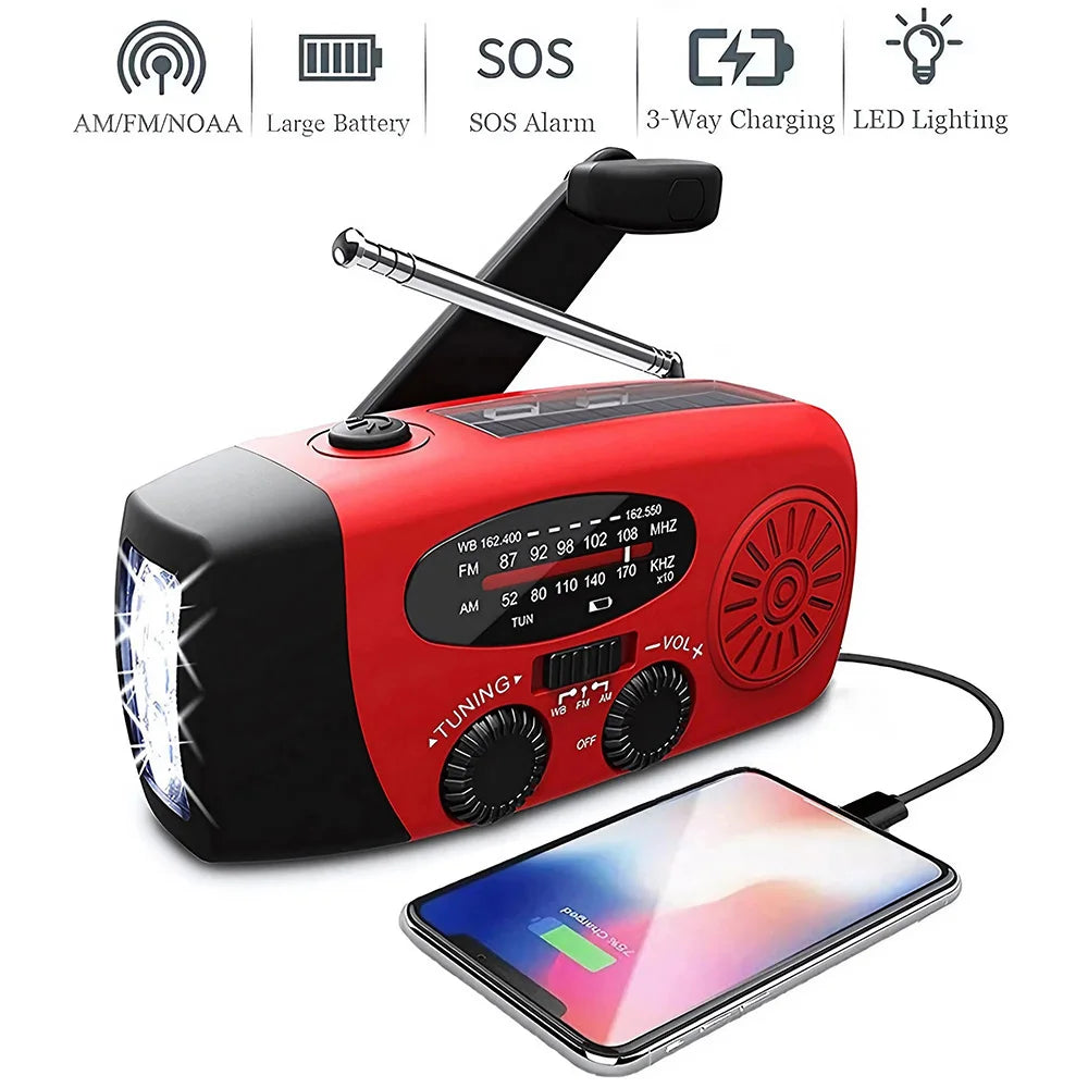 Multifunctional outdoor solar hand crank radio with LED flashlight, eco-friendly, portable, ideal for camping and emergencies