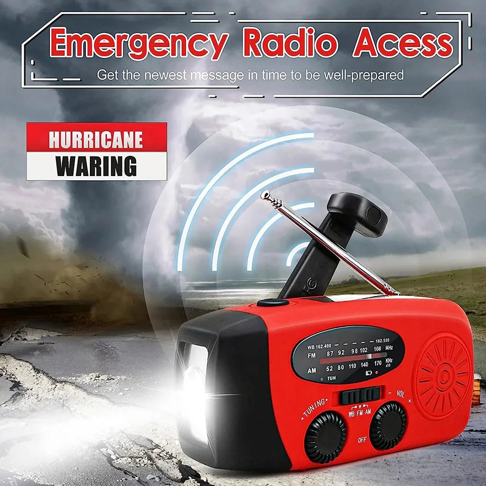 Multifunctional outdoor solar hand crank radio with LED flashlight, eco-friendly, portable, ideal for camping and emergencies