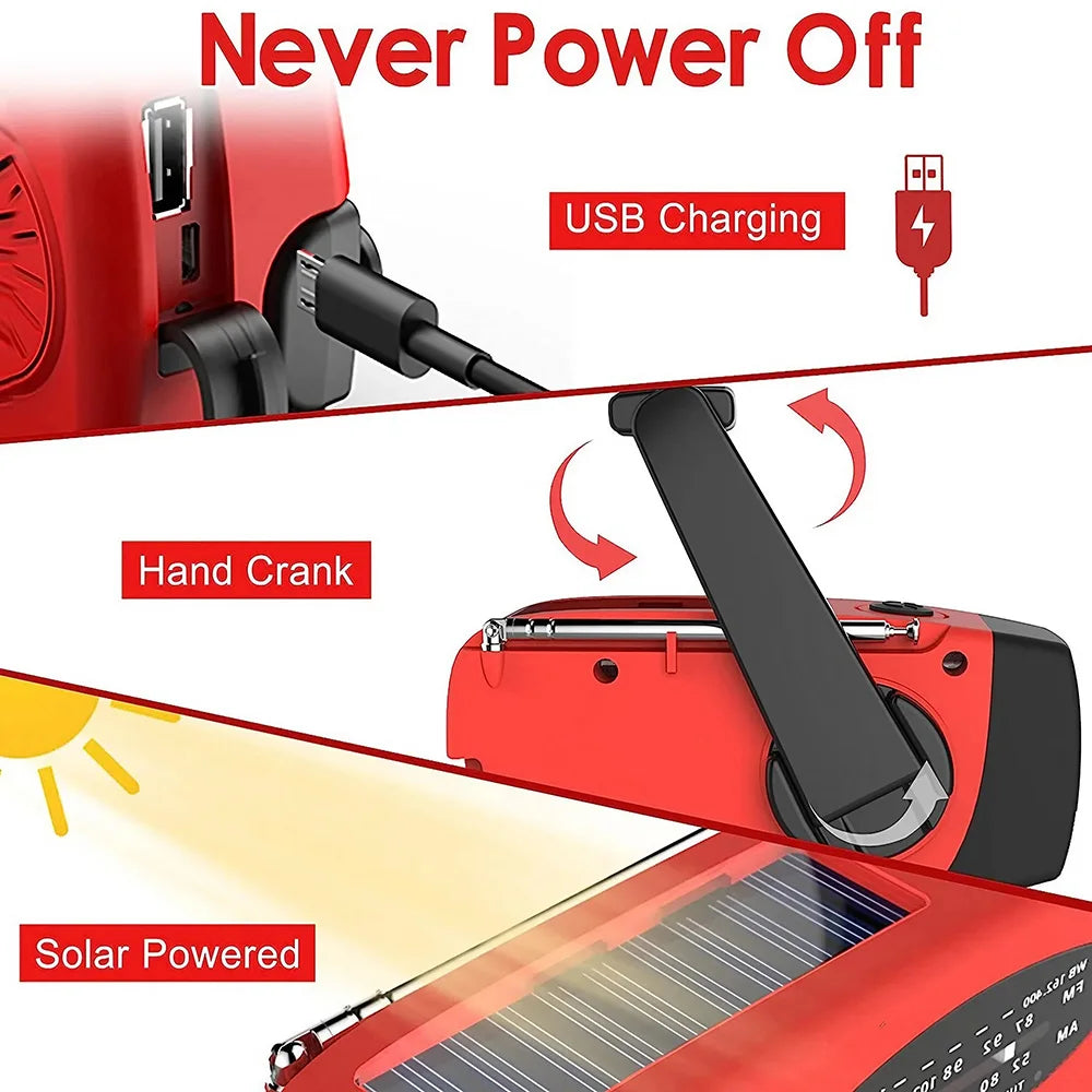 Multifunctional outdoor solar hand crank radio with LED flashlight, eco-friendly, portable, ideal for camping and emergencies