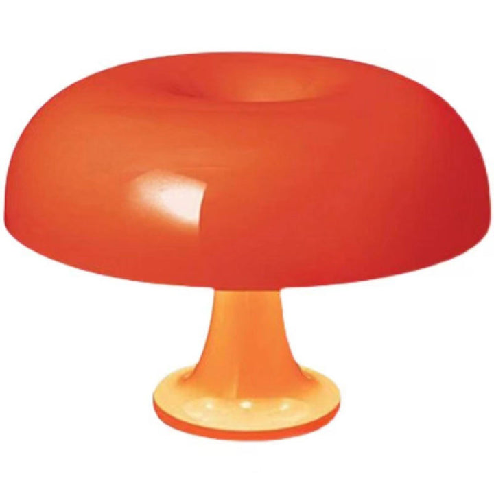 "Mushroom-shaped minimalist table lamp with LED, Nordic design, in white and orange; perfect for modern interiors."