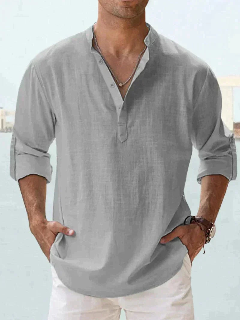 "Navy blue linen casual beach shirt, men's button-down with long sleeves, relaxed fit, perfect for summer outings."