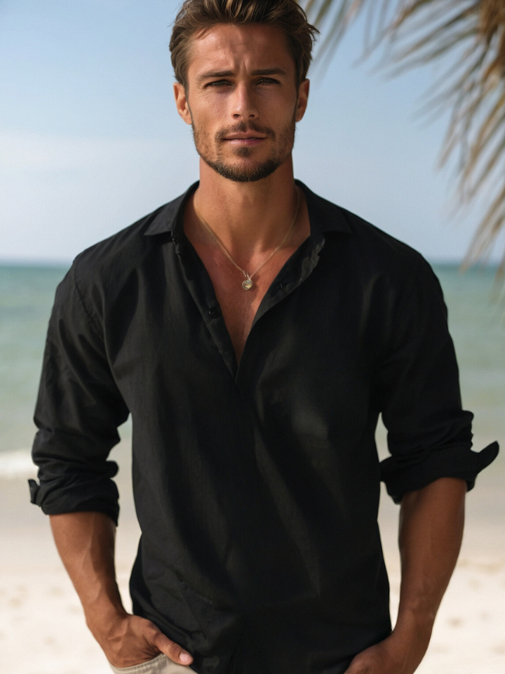 "Navy blue linen casual beach shirt, men's button-down with long sleeves, relaxed fit, perfect for summer outings."