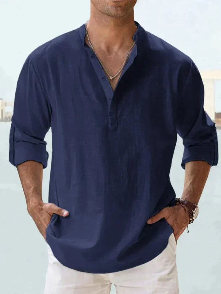 "Navy blue linen casual beach shirt, men's button-down with long sleeves, relaxed fit, perfect for summer outings."