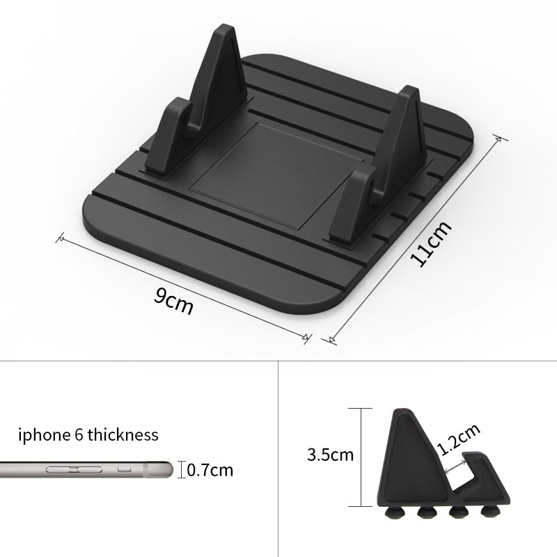 Non-slip silicone phone holder for car dashboard, secure grip in black or rose red, perfect for safe hands-free driving.