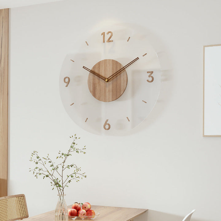 Nordic minimalist wooden wall clock with natural wood grain, ideal for kitchen and living spaces, non-ticking and elegant.