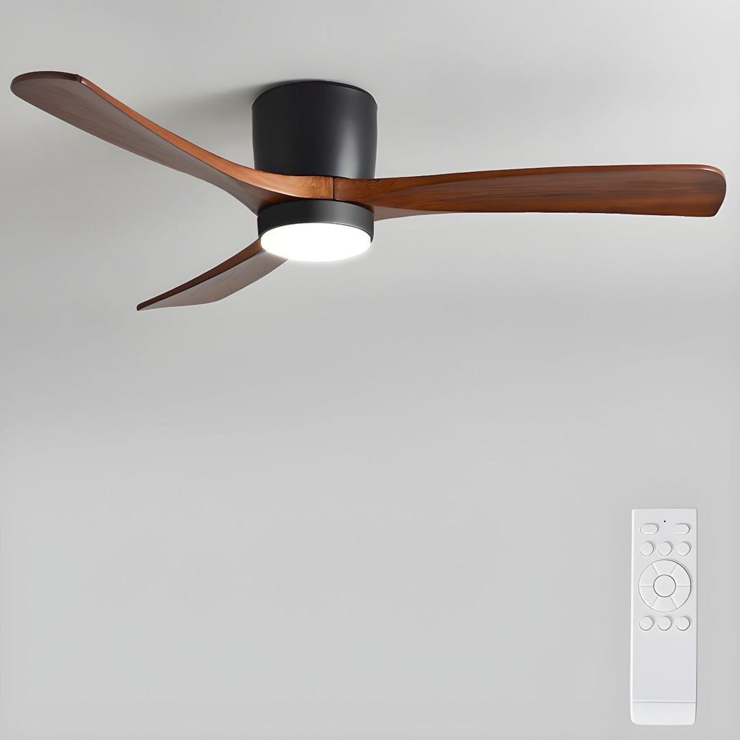 "Nordic Wooden Ceiling Fan Light with sycamore blades and LED, remote-operated for modern home decor."
