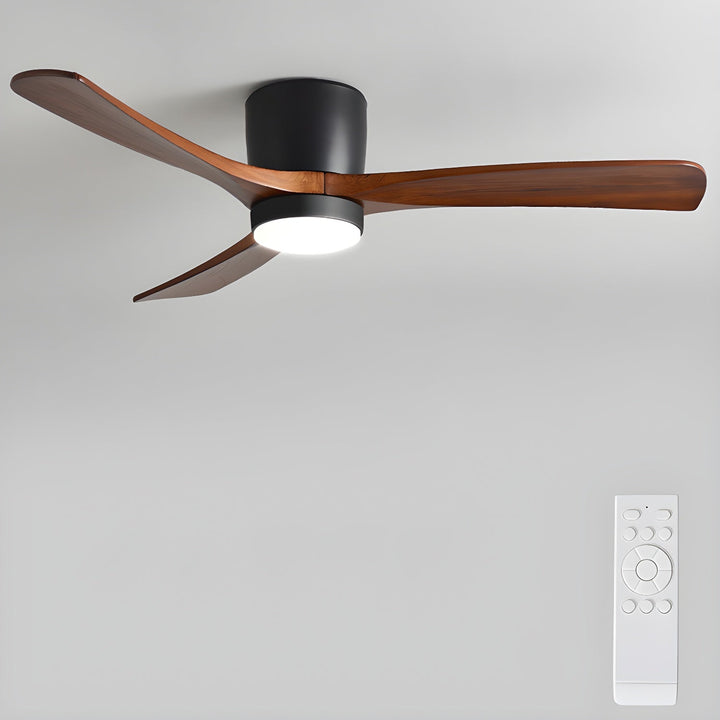 "Nordic Wooden Ceiling Fan Light with sycamore blades and LED, remote-operated for modern home decor."
