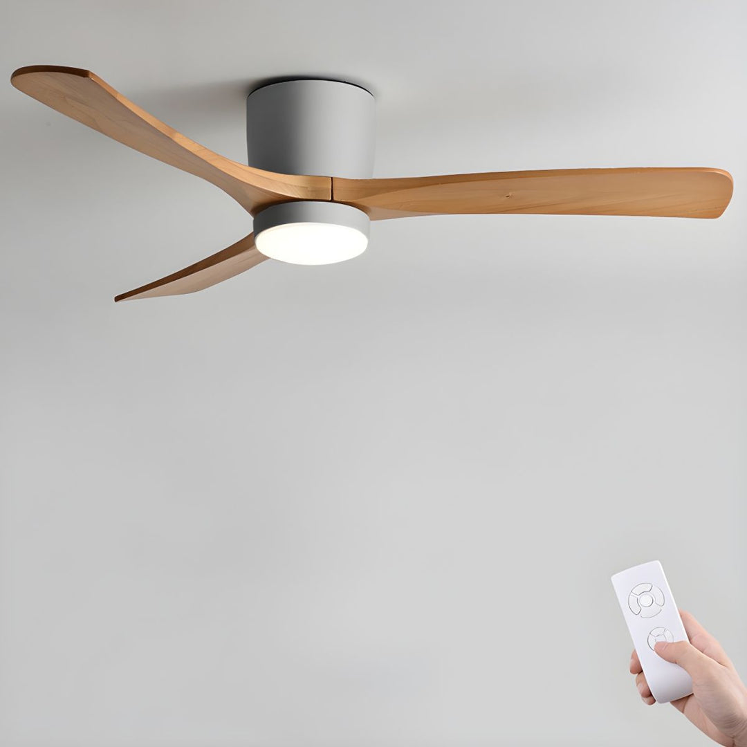 "Nordic Wooden Ceiling Fan Light with sycamore blades and LED, remote-operated for modern home decor."