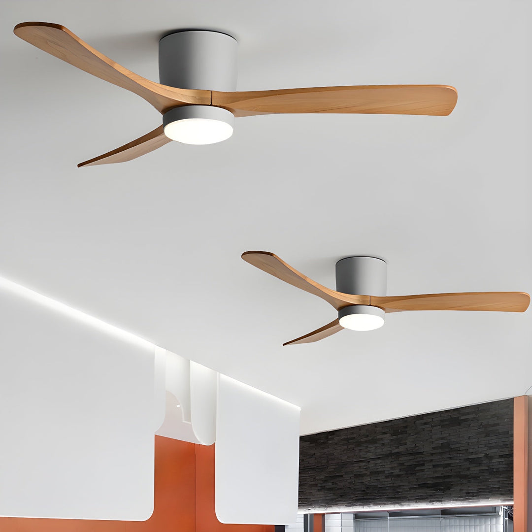 "Nordic Wooden Ceiling Fan Light with sycamore blades and LED, remote-operated for modern home decor."