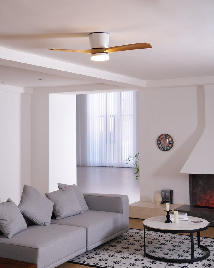 "Nordic Wooden Ceiling Fan Light with sycamore blades and LED, remote-operated for modern home decor."