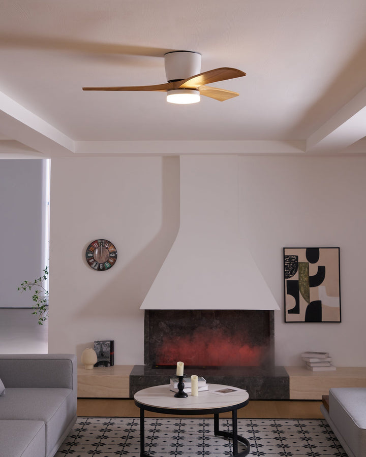 "Nordic Wooden Ceiling Fan Light with sycamore blades and LED, remote-operated for modern home decor."