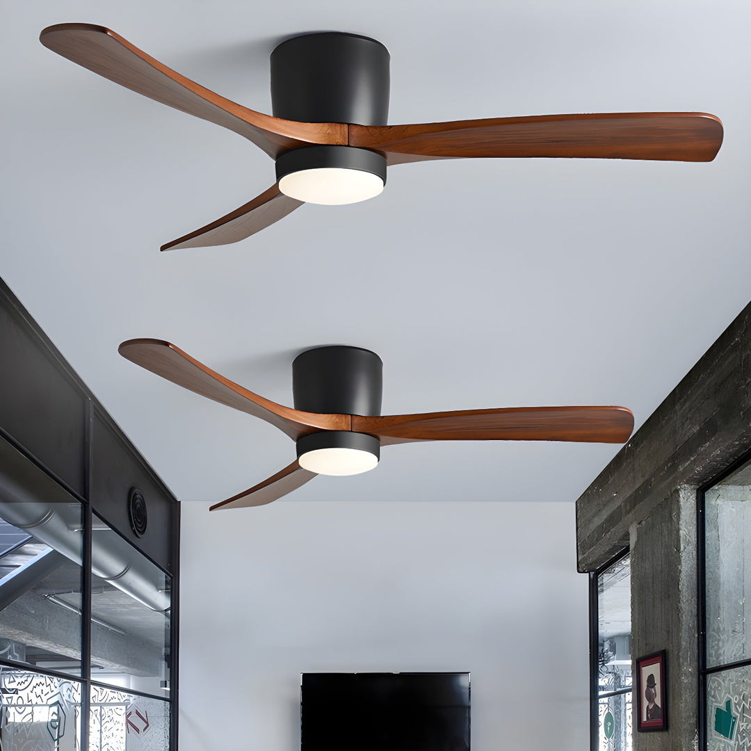 "Nordic Wooden Ceiling Fan Light with sycamore blades and LED, remote-operated for modern home decor."