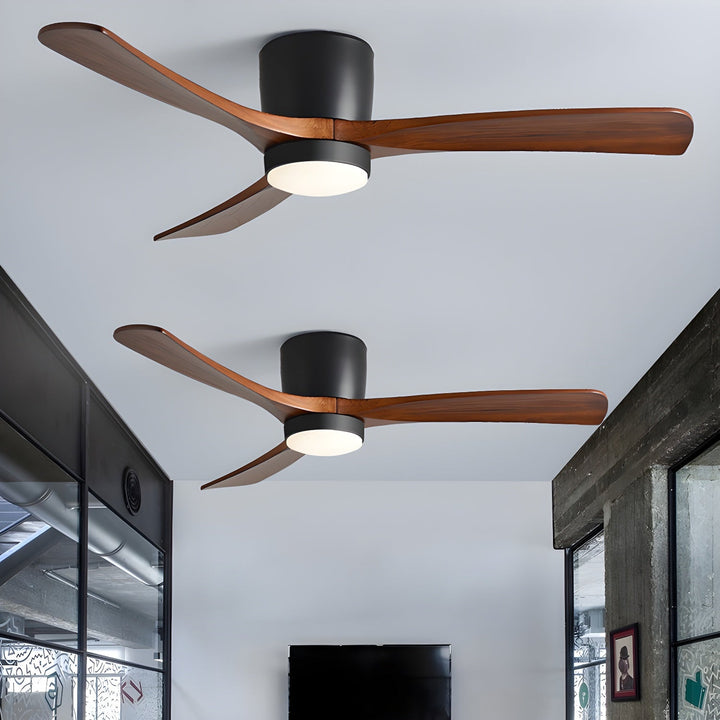 "Nordic Wooden Ceiling Fan Light with sycamore blades and LED, remote-operated for modern home decor."
