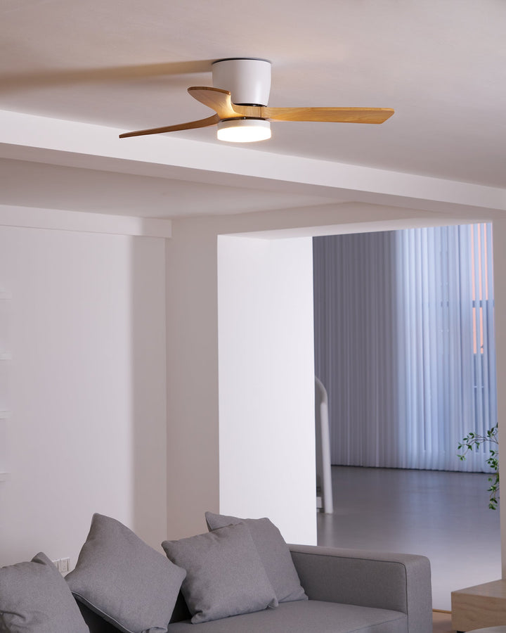 "Nordic Wooden Ceiling Fan Light with sycamore blades and LED, remote-operated for modern home decor."