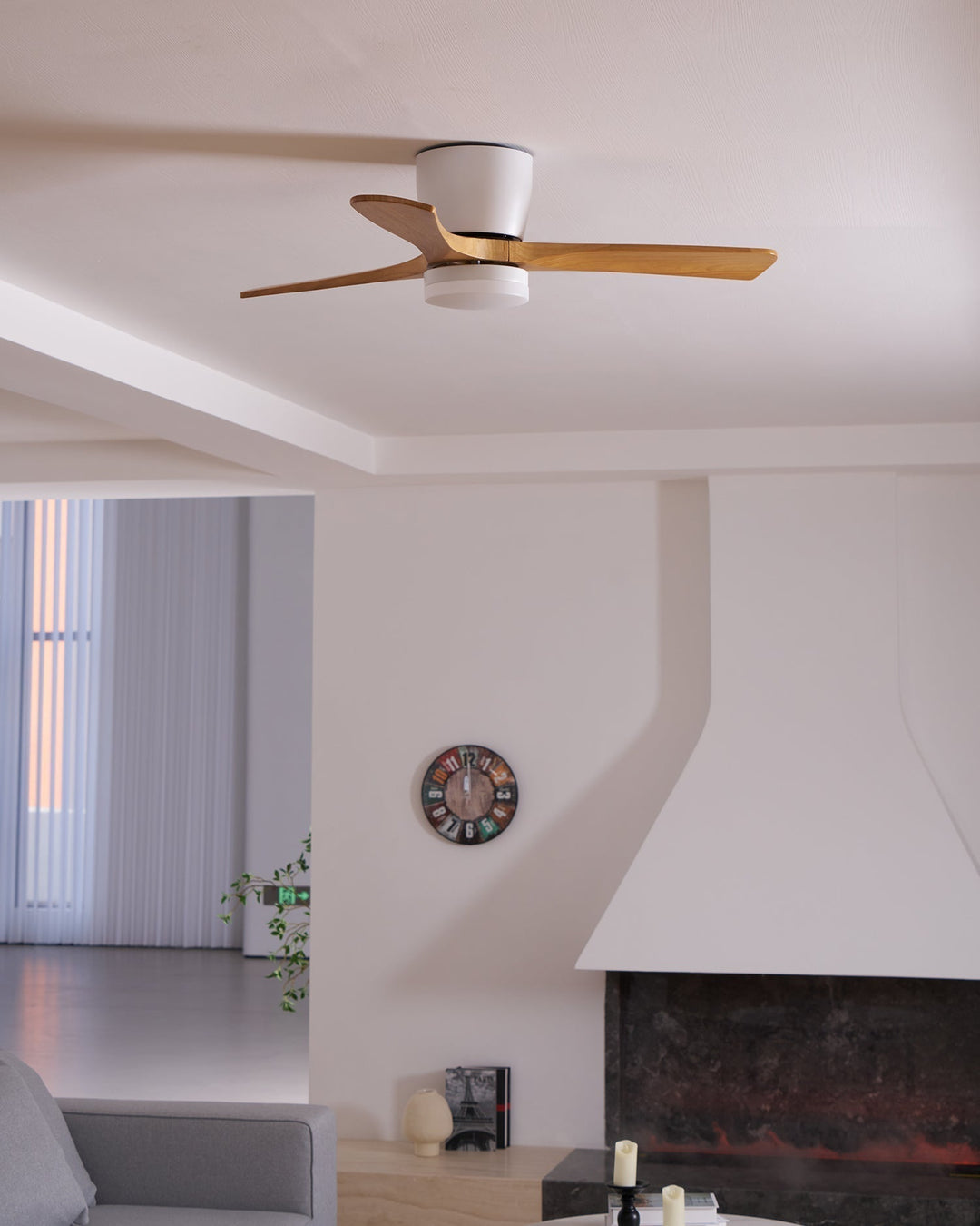 "Nordic Wooden Ceiling Fan Light with sycamore blades and LED, remote-operated for modern home decor."