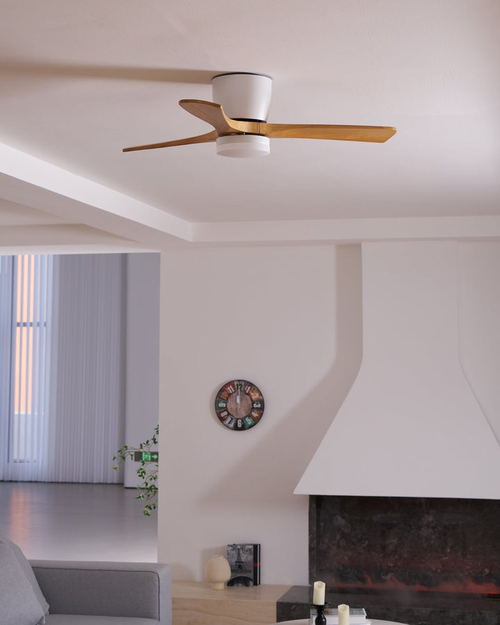 "Nordic Wooden Ceiling Fan Light with sycamore blades and LED, remote-operated for modern home decor."