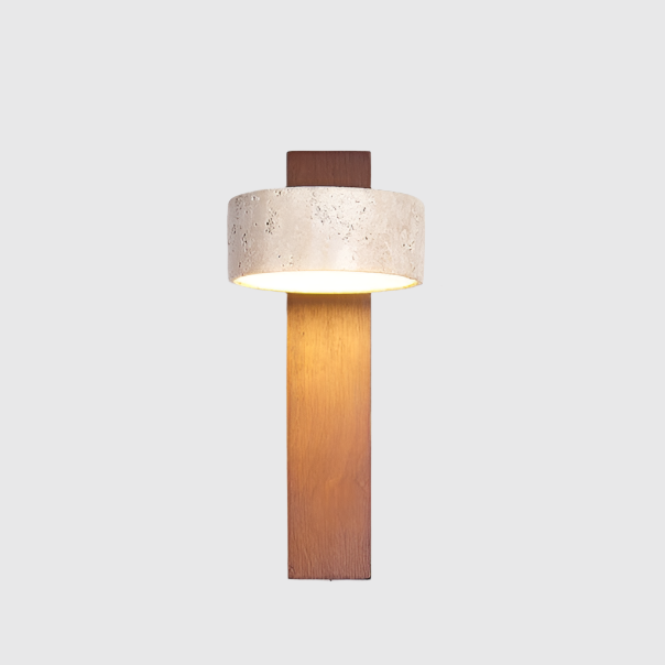 "Off-white travertine wall lamp with LED light, minimalist design, wood accents, ideal for ambient bedroom lighting."