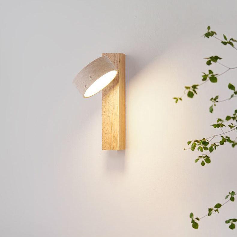 "Off-white travertine wall lamp with LED light, minimalist design, wood accents, ideal for ambient bedroom lighting."