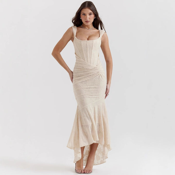 One-shoulder mermaid evening dress with satin feel, ruched waist, and elegant silhouette, perfect for formal occasions.